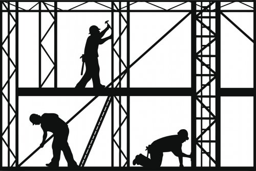 black and white vector image of construction workers on site